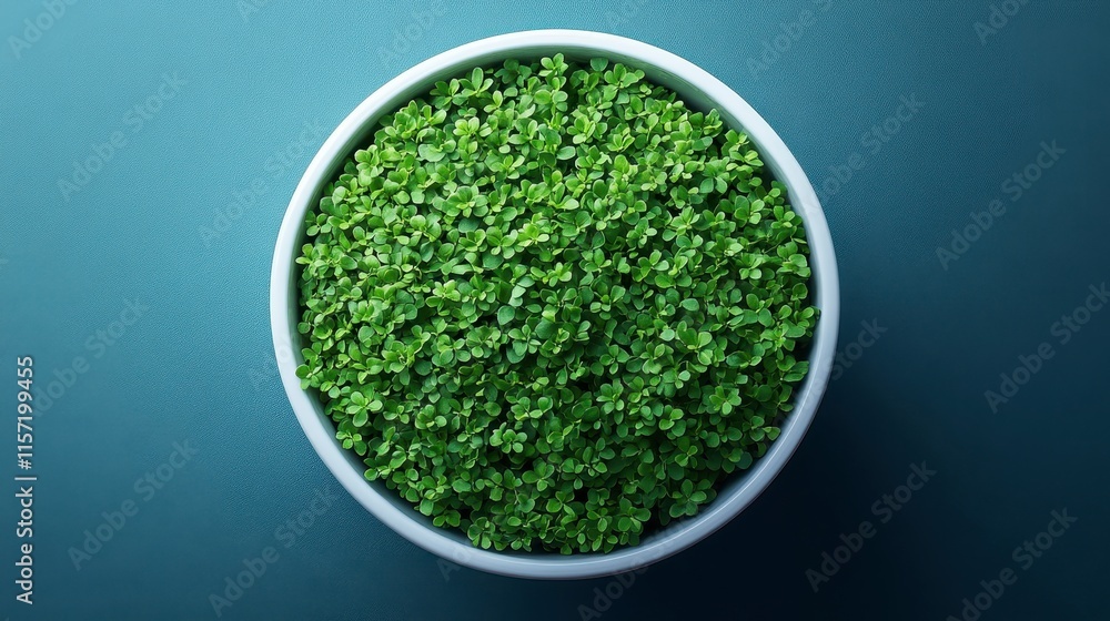 Aerial view of lush green microgreens in a white bowl against a teal background. Aerial view of lush green microgreens in a white bowl against a teal background.