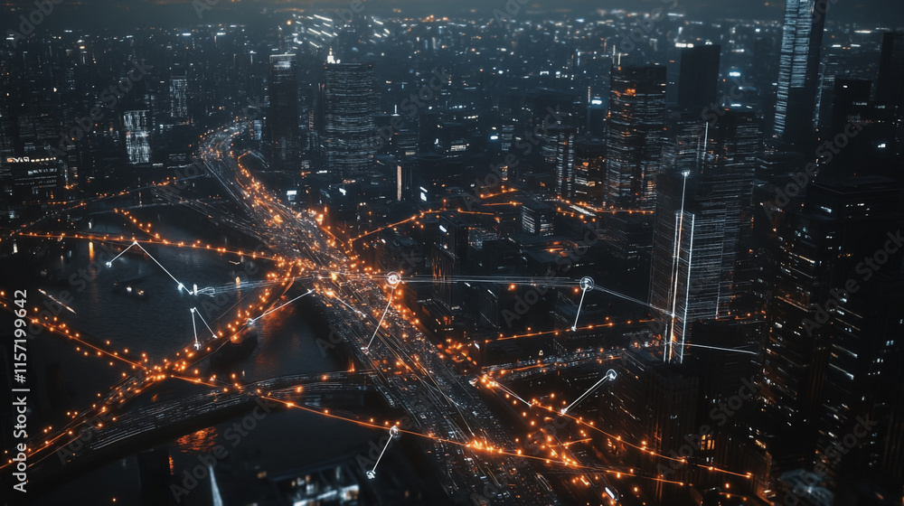 Obraz premium Smart digital Innovation city with connection network reciprocity over the cityscape. of future smart wireless digital city and social media networking systems that connects people with in city