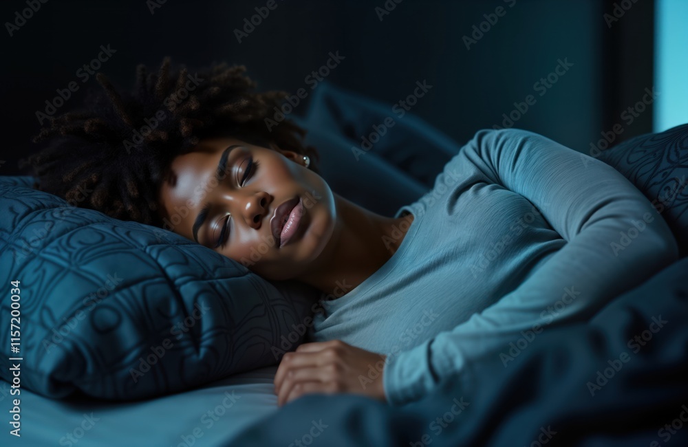 African American woman peacefully sleeps in cozy bed at night. Relaxed, comfortable in bedroom. Serene atmosphere. Quiet night. Young adult. Nightwear. Home. Relaxing lifestyle. Healthy sleep. African American woman peacefully sleeps in cozy bed at night. Relaxed, comfortable in bedroom. Serene atmosphere. Quiet night. Young adult. Nightwear. Home. Relaxing lifestyle. Healthy sleep.