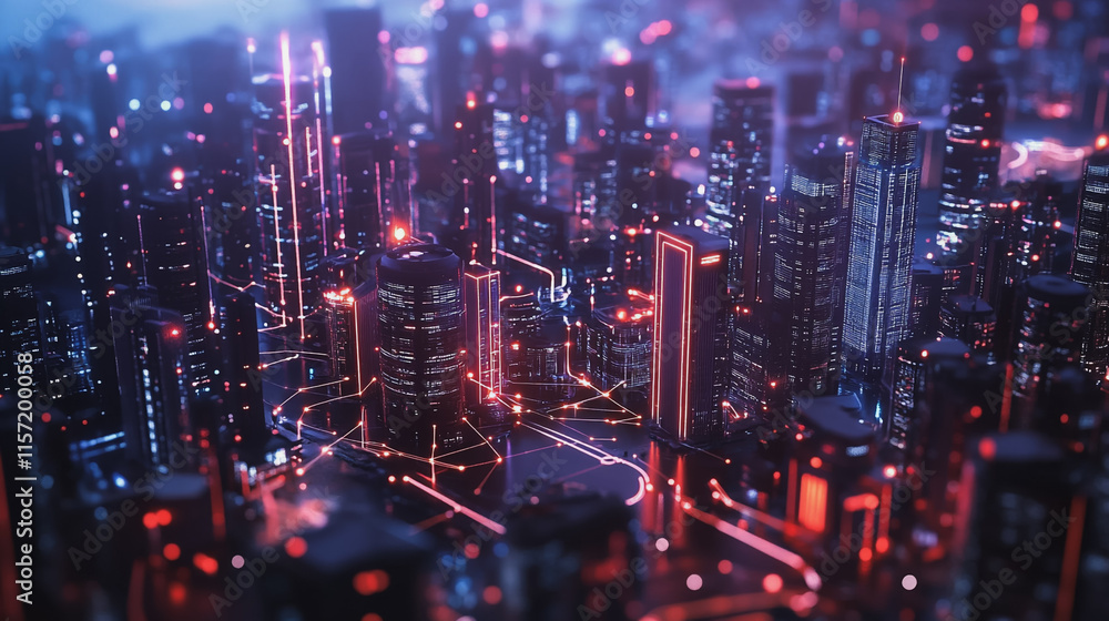 Fototapeta premium Smart digital Innovation city with connection network reciprocity over the cityscape. of future smart wireless digital city and social media networking systems that connects people with in city