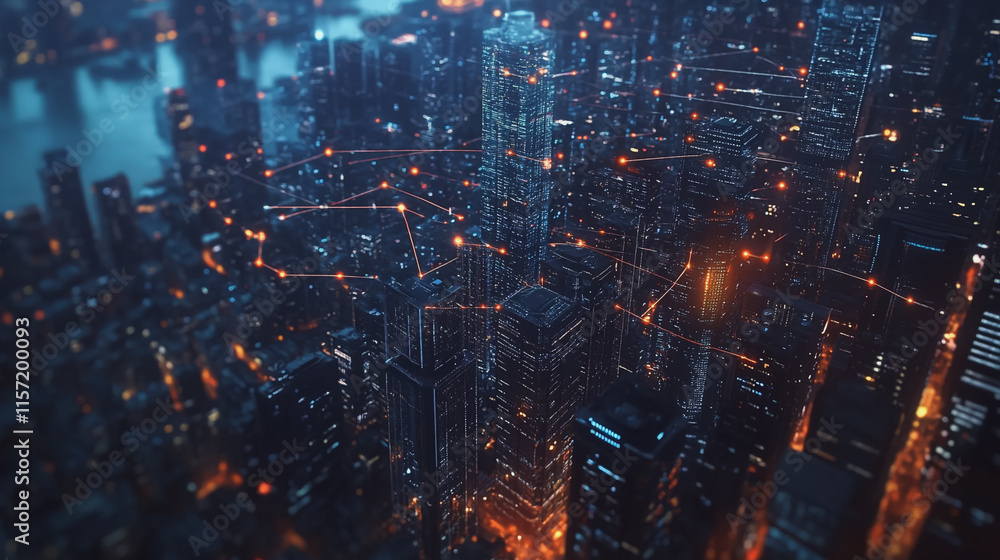 Obraz premium Smart digital Innovation city with connection network reciprocity over the cityscape. of future smart wireless digital city and social media networking systems that connects people with in city