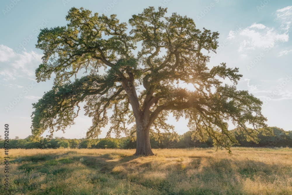 Majestic oak tree stands tall in a sun-drenched field, its branches reaching towards the sky. Majestic oak tree stands tall in a sun-drenched field, its branches reaching towards the sky.