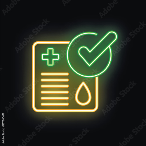 Glowing neon icon of a medical report with blood test results showing a positive result