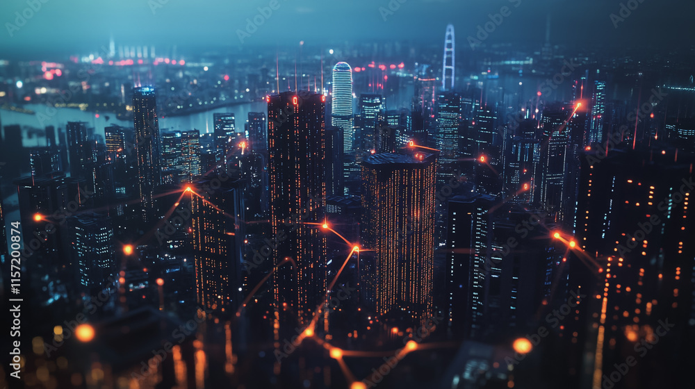 Smart digital Innovation city with connection network reciprocity over the cityscape. of future smart wireless digital city and social media networking systems that connects people with in city Smart digital Innovation city with connection network reciprocity over the cityscape. of future smart wireless digital city and social media networking systems that connects people with in city