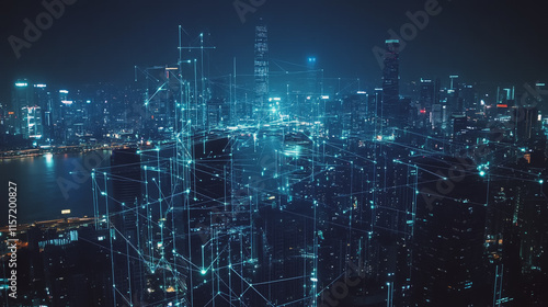 Wallpaper Mural Smart digital Innovation city with connection network reciprocity over the cityscape. of future smart wireless digital city and social media networking systems that connects people with in city Torontodigital.ca