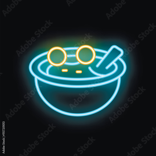 Neon sign depicting a bowl of soup with croutons and a spoon, glowing on a dark background