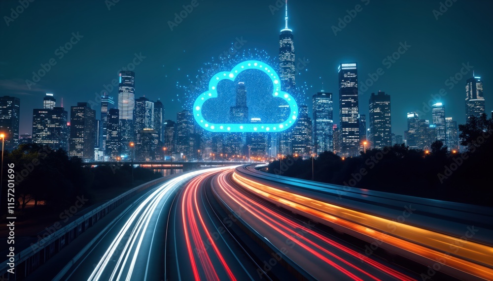 Fototapeta premium City skyline at night. Cloud computing tech icon. Fast moving cars. Modern urban scene. Global network connection. Dynamic speed, tech. Abstract graphic design. Digital communication concept. Evening