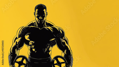 A striking silhouette of a muscular man holding weights, set against a bold yellow background. The minimalist design radiates strength, determination, and athleticism with comic-style details