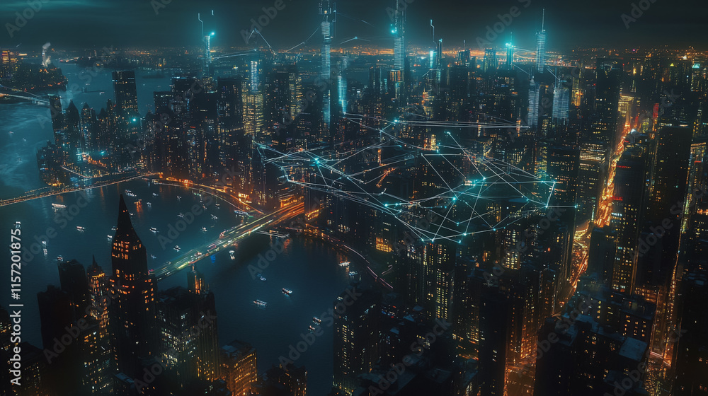 Fototapeta premium Smart digital Innovation city with connection network reciprocity over the cityscape. of future smart wireless digital city and social media networking systems that connects people with in city