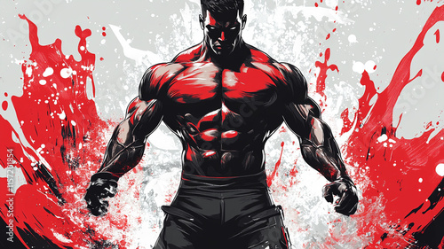 A vibrant comic-style illustration of a muscular man with a red physique, gripping weights against a stormy wave backdrop. The image exudes raw power and intensit photo