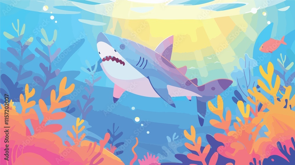 Fototapeta premium Funny Cartoon Shark Vector Illustration in Flat Style