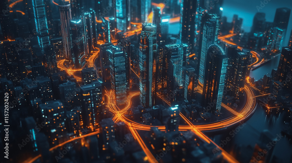 Fototapeta premium Smart digital Innovation city with connection network reciprocity over the cityscape. of future smart wireless digital city and social media networking systems that connects people with in city