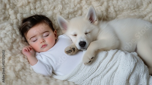 Peaceful sleep: adorable baby and fluffy puppy snuggling on a cozy blanket photo