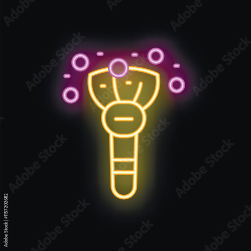 Neon sign of a makeup brush spreading shimmering makeup powder particles on black background