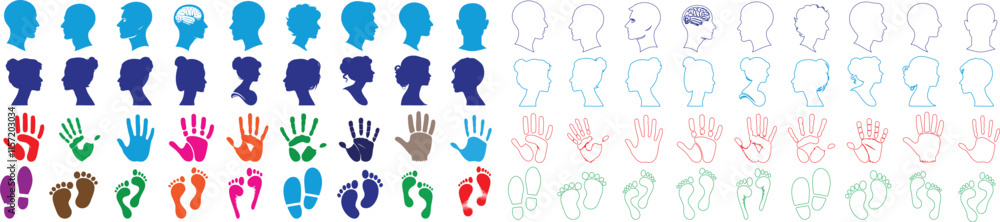 colorful profiles, handprints, footprints, cameo silhouettes, brain sketche and outline designs in a creative illustration set. Perfect for psychology, anatomy, education, art, and creativity themes colorful profiles, handprints, footprints, cameo silhouettes, brain sketche and outline designs in a creative illustration set. Perfect for psychology, anatomy, education, art, and creativity themes