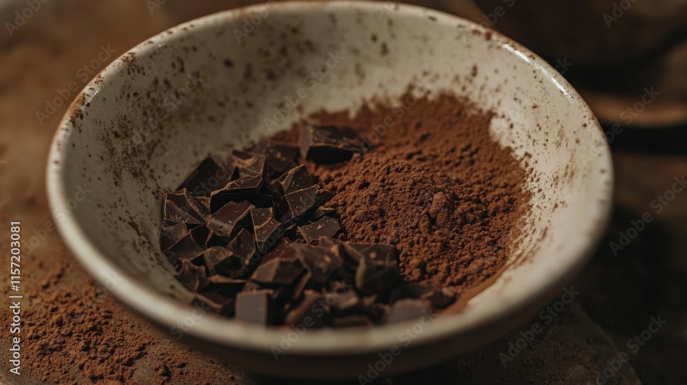 Dark Chocolate Pieces and Cocoa Powder in Rustic Bowl Crafting Dark Chocolate Pieces and Cocoa Powder in Rustic Bowl Crafting