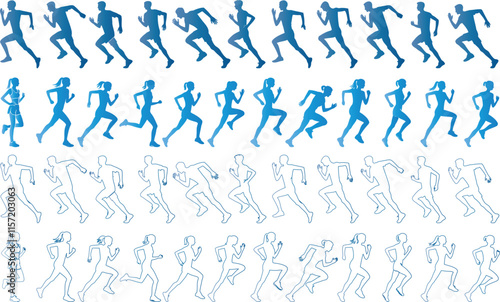 runner silhouette vector set, Running motion sequence, silhouette of male and female runners, dynamic illustration, fitness, sports, exercise. Ideal for sports, animation, and training projects