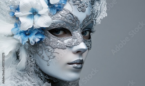 Wallpaper Mural A woman wearing a silver mask with blue flowers Torontodigital.ca