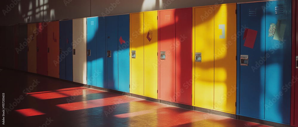 Row of empty school lockers brightly decorated for graduation day celebration Row of empty school lockers brightly decorated for graduation day celebration