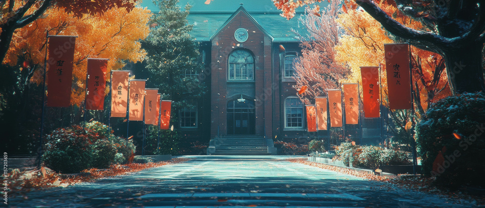 Obraz premium Colorful graduation banners adorn a school building in autumn foliage