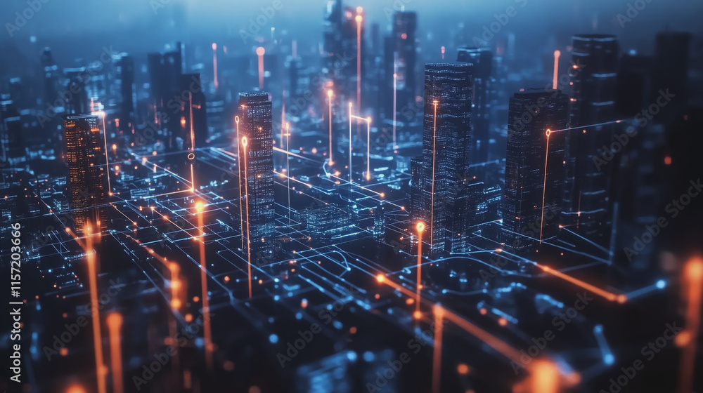 Smart digital Innovation city with connection network reciprocity over the cityscape. of future smart wireless digital city and social media networking systems that connects people with in city Smart digital Innovation city with connection network reciprocity over the cityscape. of future smart wireless digital city and social media networking systems that connects people with in city