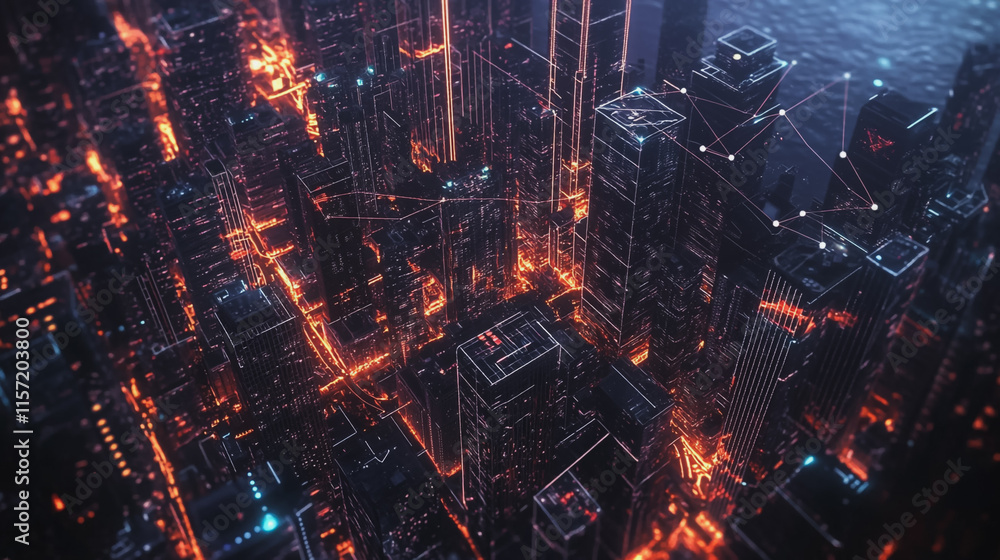 Fototapeta premium Smart digital Innovation city with connection network reciprocity over the cityscape. of future smart wireless digital city and social media networking systems that connects people with in city