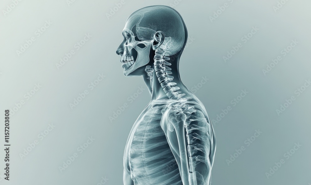 A man's skeleton is shown in a clear plastic A man's skeleton is shown in a clear plastic