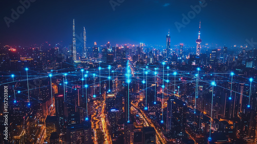 Wallpaper Mural Smart digital Innovation city with connection network reciprocity over the cityscape. of future smart wireless digital city and social media networking systems that connects people with in city Torontodigital.ca