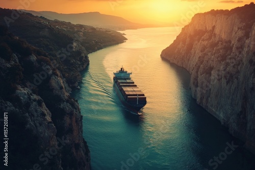 A container ship moves through a narrow gorge against a backdrop of mountains and a striking sunset, illustrating the merge of technology and nature's beauty. photo