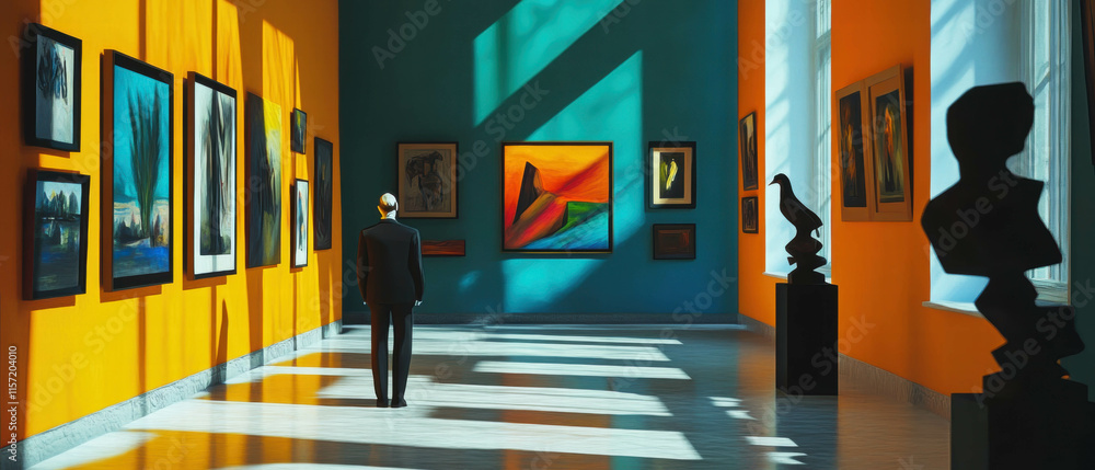 Cinematic view of an art gallery featuring colorful paintings and striking sculptures Cinematic view of an art gallery featuring colorful paintings and striking sculptures