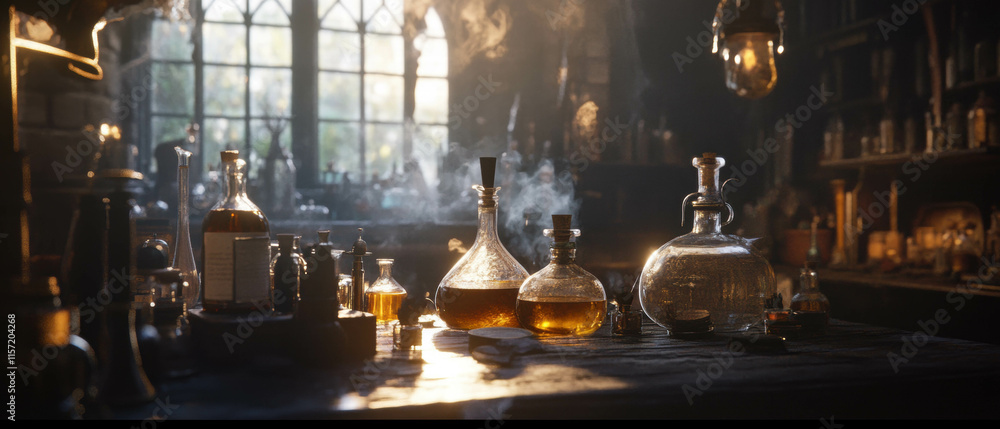 Fototapeta premium Cinematic view of a castle alchemist's lab filled with potions and mystical ingredients