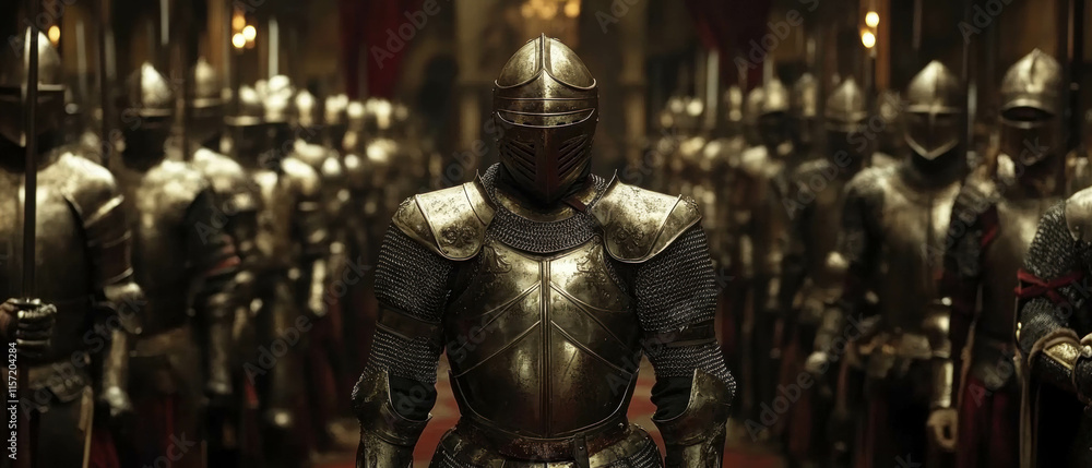 Cinematic view of a castle armory showcasing swords and suits of armor in a medieval setting Cinematic view of a castle armory showcasing swords and suits of armor in a medieval setting