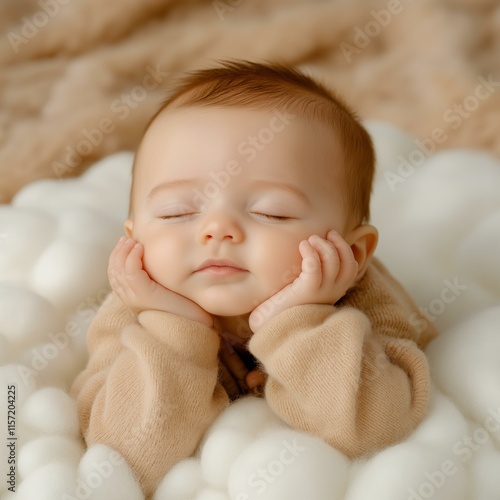 Peaceful baby in cozy knit outfit resting on soft, fluffy blanket photo