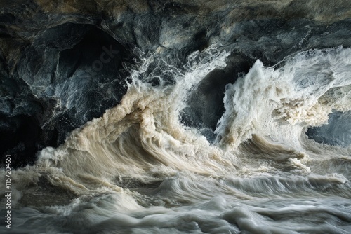 Dramatic ocean waves rolling and crashing into a textured cavern, highlighting the raw, uncompromising beauty and relentless power of nature in motion. photo