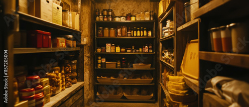 Cinematic view of an old castle pantry filled with various food items and jars