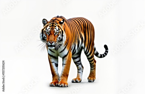 Majestic bengal tiger walks towards viewer. Powerful predator with orange stripes, black markings. Isolated on white background. Strong, majestic animal. Wildcat strolls. Wildlife image. Perfect for photo