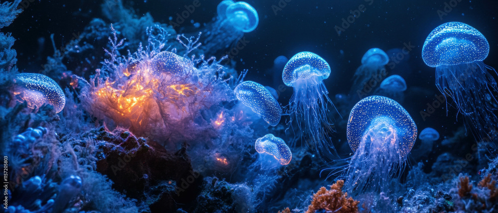 Obraz premium Cinematic deep sea exploration featuring bioluminescent creatures illuminating the dark waters