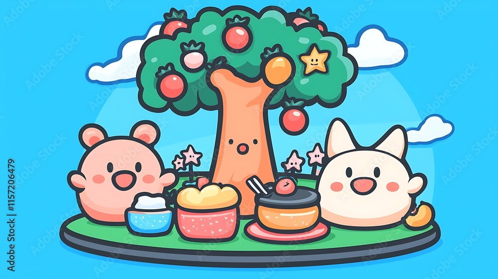 Naklejka premium Cute cartoon animals enjoying desserts under a fruit tree.
