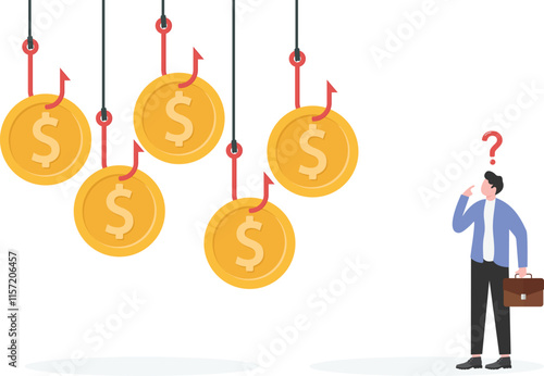 Financial scams, illegal investment scams, bait, lure, delicious fish with hooks hanging in the shape of banknotes
