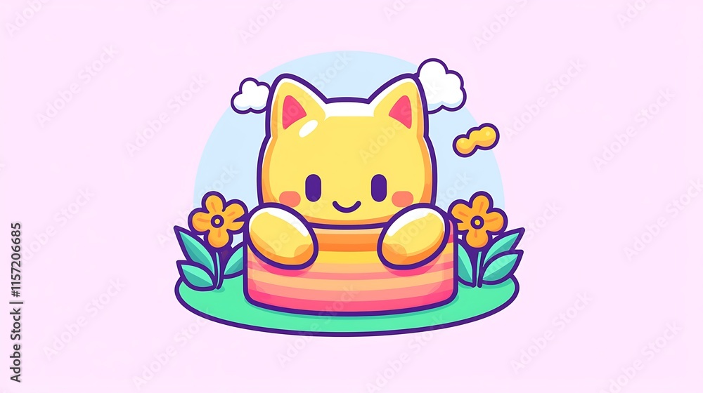 Fototapeta premium Cute cartoon cat peeking from colorful box in garden.