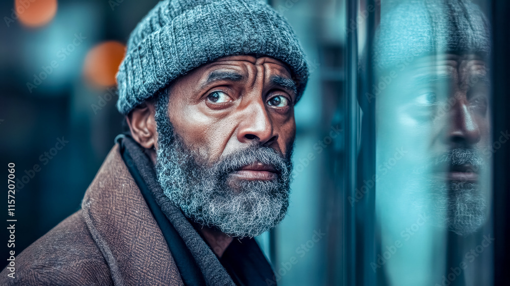 Homeless senior man looking through a store window reflecting his image