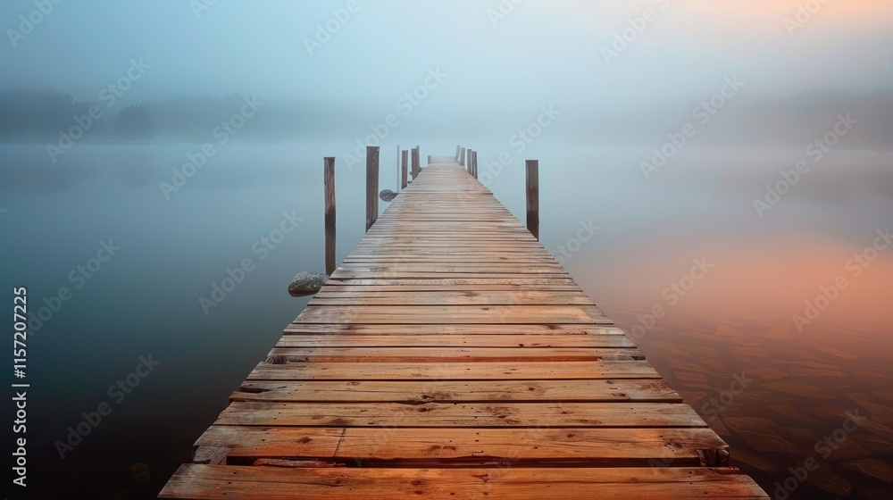 Fototapeta premium A wooden pier extending into a softly lit misty lake