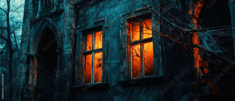 Fototapeta premium Cinematic view of a haunted house with broken windows and cobwebs in eerie lighting