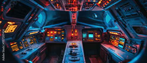 Fototapeta Naklejka Na Ścianę i Meble -  Cinematic interior of a spaceship cockpit with vibrant blinking lights