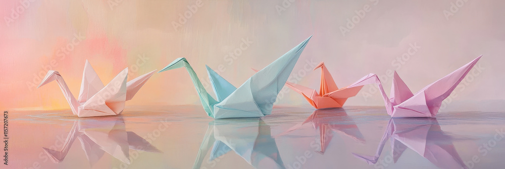 Obraz premium Pastel Origami Cranes with Reflection