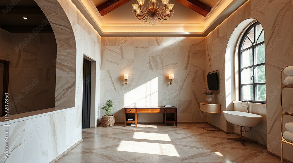 A sunlit hallway with beige walls, wooden floors, and arched doorways. Features a wooden console table, freestanding bathtub, and large window. A chandelier hangs from the high ceiling. A sunlit hallway with beige walls, wooden floors, and arched doorways. Features a wooden console table, freestanding bathtub, and large window. A chandelier hangs from the high ceiling.