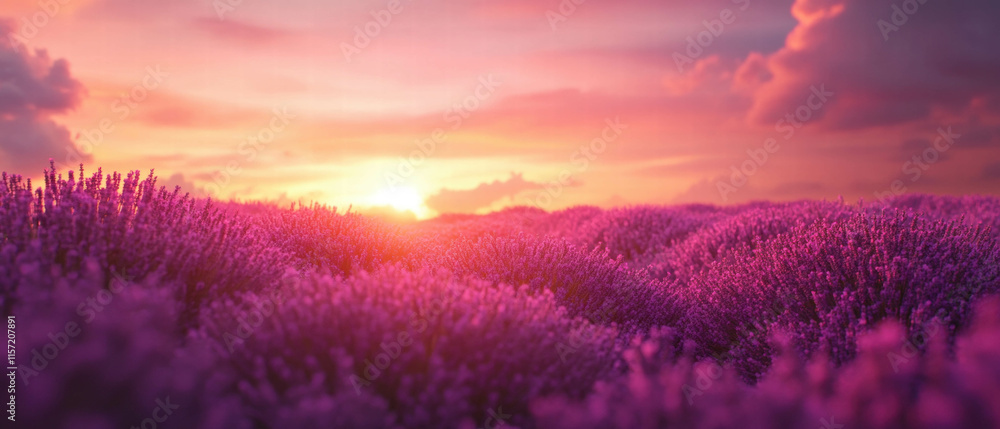 Lavender fields bloom vibrantly under a stunning sunset sky filled with warm colors Lavender fields bloom vibrantly under a stunning sunset sky filled with warm colors