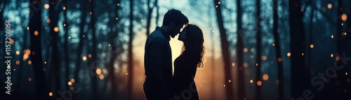 A timeless moment of love unfolds as a couple's silhouettes meet in a tender kiss at sunrise, embodying the eternal connection and soulmate concept This iconic and moving scene captures the essence