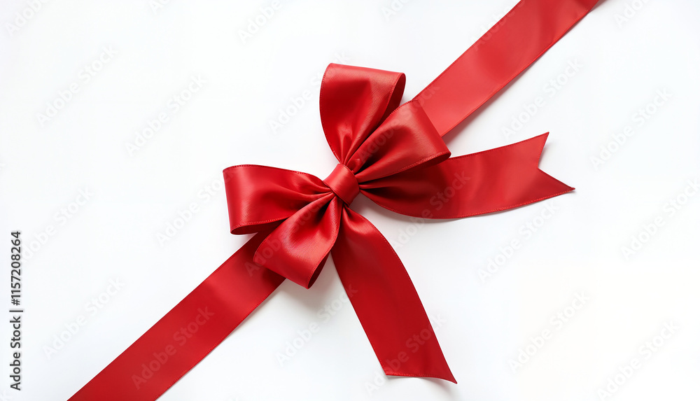 Red satin ribbon with bow isolated on white, top view Red satin ribbon with bow isolated on white, top view
