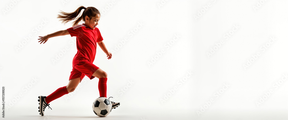 Obraz premium Young girl athlete in red sports uniform plays soccer. Girl kicks soccer ball in dynamic action. Studio shot on white background. Active, energetic sports fashion for children. Photo for sport